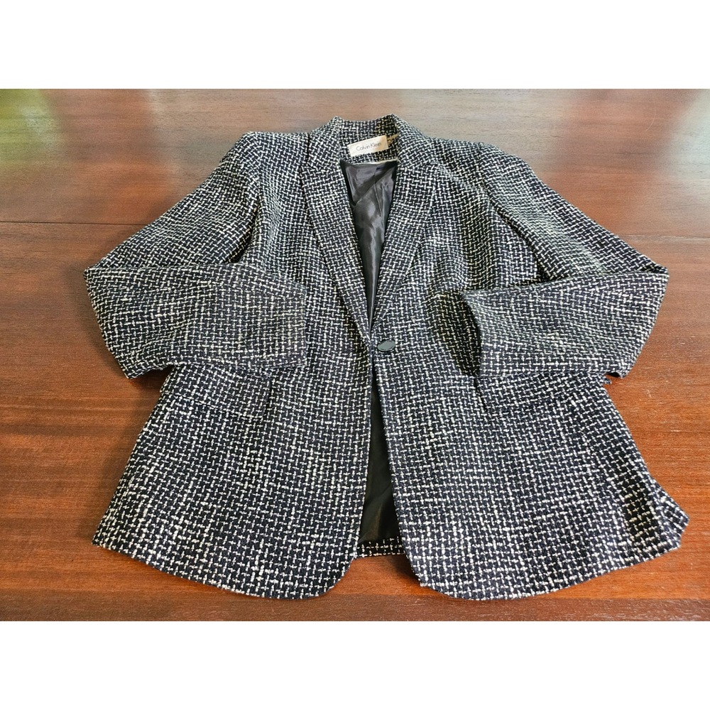 Calvin Klein Blazer Women 10 Black White Tweed Knit Single Button Satin Trim